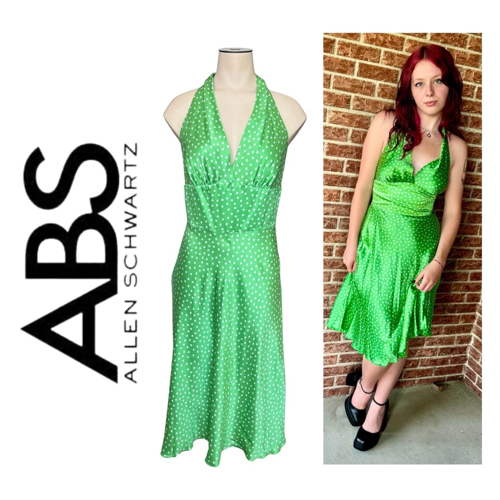 NWT Vintage ABS by Allen Swartz Green White Polka Dot Halter Dress // Size 4